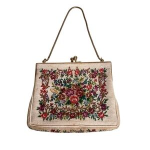 Vintage Tapestry Floral Mini Handbag Purse Multicolor Gold Kiss Lock Chain Strap